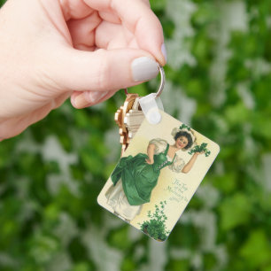 Vintage St. Patrick's Day Irish Lass with Clovers Keychain