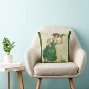 Vintage St. Patrick's Day Irish Lass with Clovers Throw Pillow