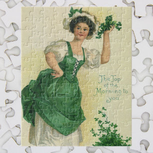 Vintage St. Patrick's Day Lass, Lucky Shamrocks Jigsaw Puzzle