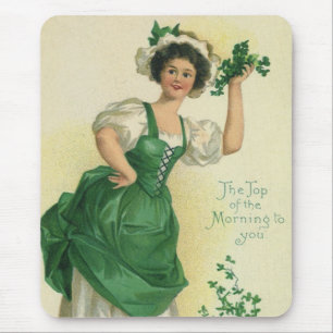 Vintage St. Patrick's Day Lass, Lucky Shamrocks Mouse Pad