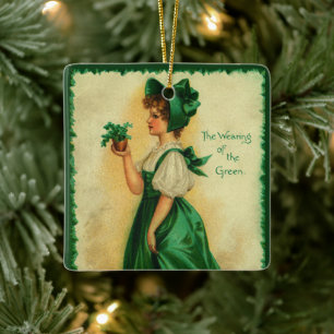 Vintage St. Patrick's Day Lass Wearing Green Ceramic Ornament
