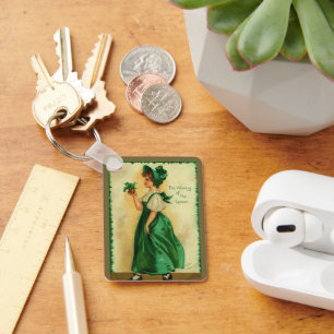 Vintage St. Patrick's Day Lass Wearing Green Keychain