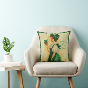 Vintage St. Patrick's Day Lass Wearing Green Throw Pillow