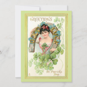Vintage St. Patrick's Day Lassie with Horseshoe Holiday Card