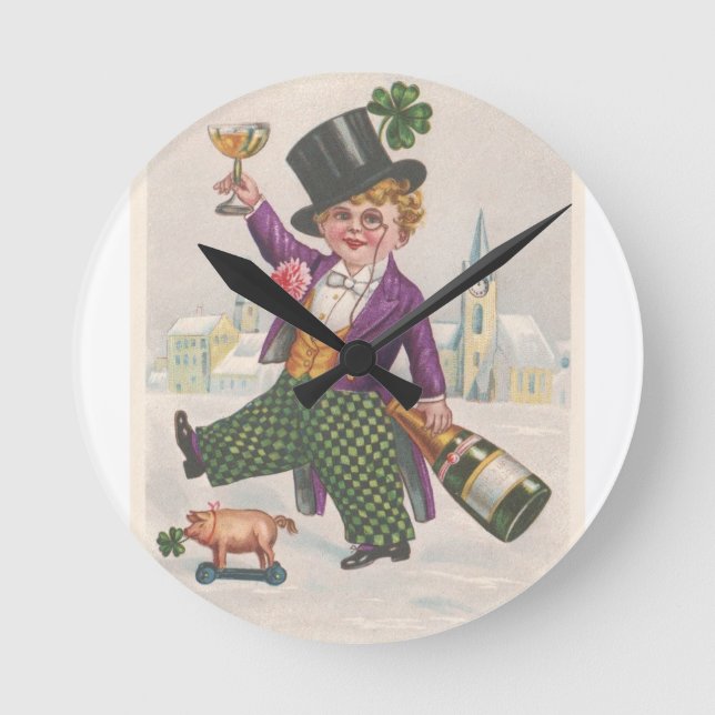 Vintage St Patricks Day Shamrock Champagne Round Clock (Front)