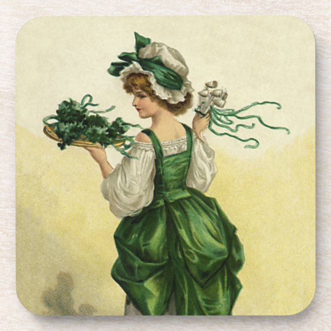 Vintage St. Patrick's Day, Woman Green Shamrocks Coaster (Front)