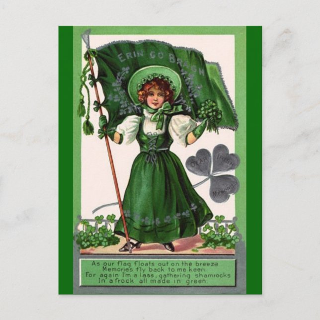 Vintage - St Patricks Day - Woman & Shamrocks Postcard (Front)