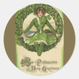 Vintage St. Patrick's Day, Wreath with Irish Lass Classic Round Sticker