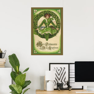 Vintage St. Patrick's Day, Wreath with Irish Lass Poster
