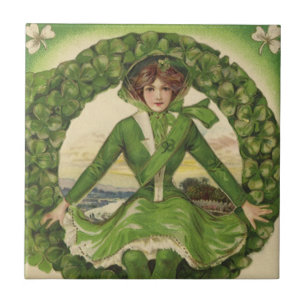 Vintage St. Patrick's Day, Wreath with Irish Lass Tile