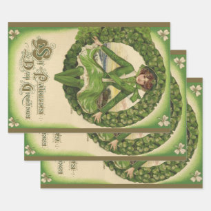 Vintage St. Patrick's Day, Wreath with Irish Lass Wrapping Paper Sheet