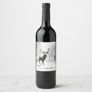 Vintage Stag Deer Black White Animal Custom Wine Label