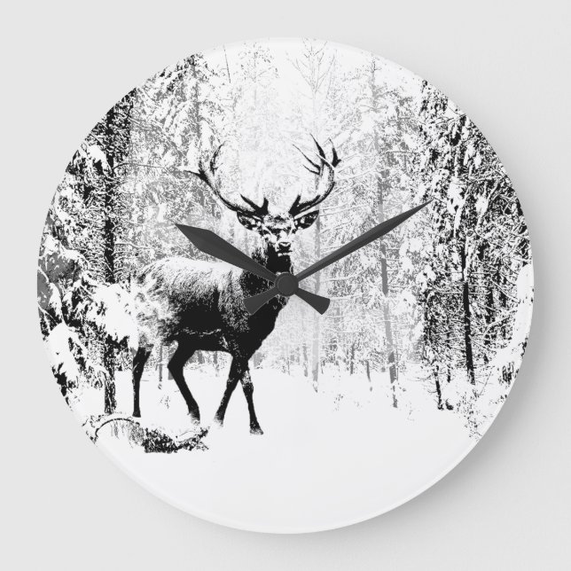 Vintage Stag Deer Black White Animal Large Clock (Front)