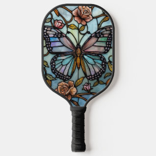 Vintage stain glass blue butterfly art pickleball paddle
