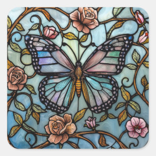 vintage stain glass blue butterfly art  square sticker