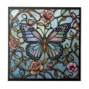 vintage stain glass blue butterfly art  tile
