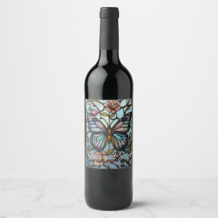 vintage stain glass blue butterfly art  wine label