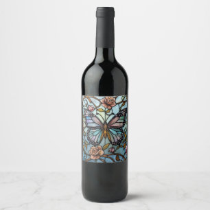 vintage stain glass blue butterfly art  wine label