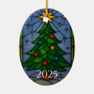 Vintage Stained Glass Christmas Tree Artwork Ceramic Ornament