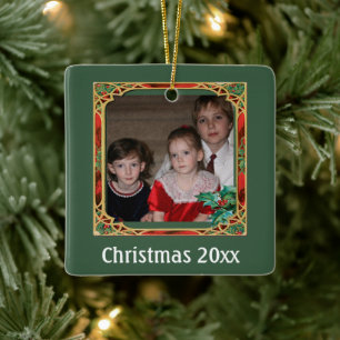 Vintage Stained Glass Photo Frame Red Green Throw  Ceramic Ornament