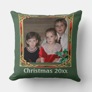 Vintage Stained Glass Photo Frame Red Green Throw Pillow