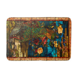Vintage Stained Glass with Peacocks and Flowers Bath Mat