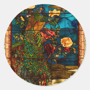 Vintage Stained Glass with Peacocks and Flowers Classic Round Sticker