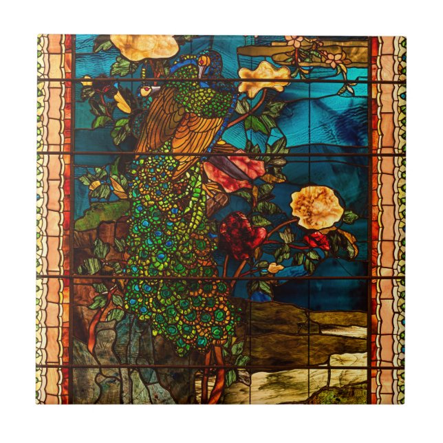 Vintage Stained Glass with Peacocks and Flowers Tile (Front)