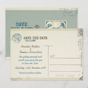 Vintage stamped postcard Wedding  Save the date.