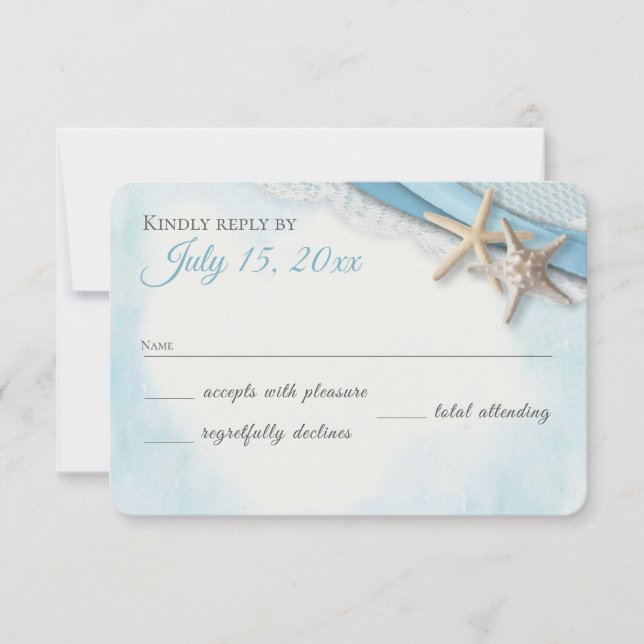 Vintage Starfish Lace and Sky Blue Ribbon RSVP (Front)