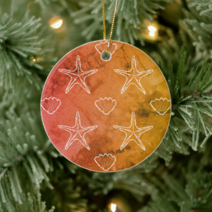 Vintage Starfish Seashell Sketch Pattern Ceramic Ornament