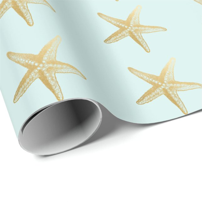 Vintage Starfish Sketch Aqua Wrapping Paper (Roll Corner)