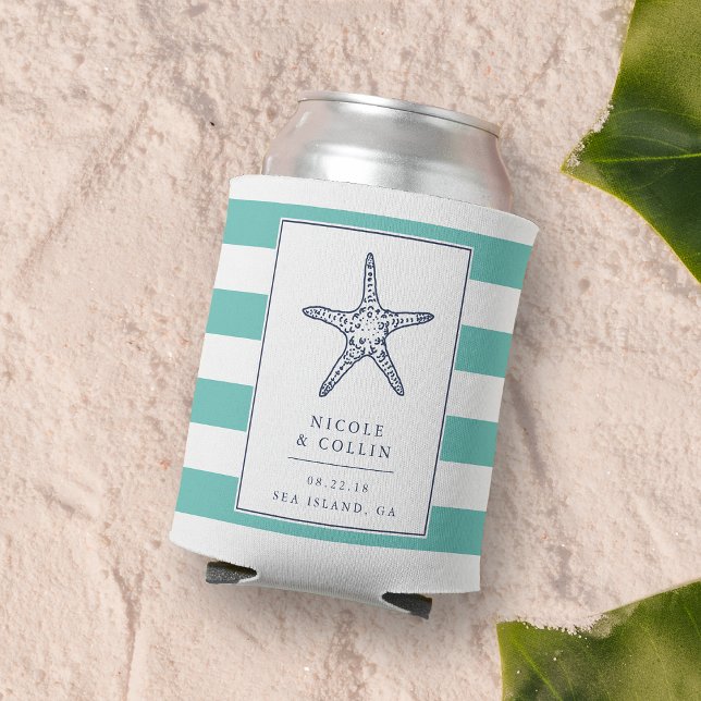 Vintage Starfish Wedding Favour Can Cooler | Aqua (Creator Uploaded)
