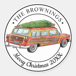 Vintage Station Wagon Tree Christmas Classic Round Sticker