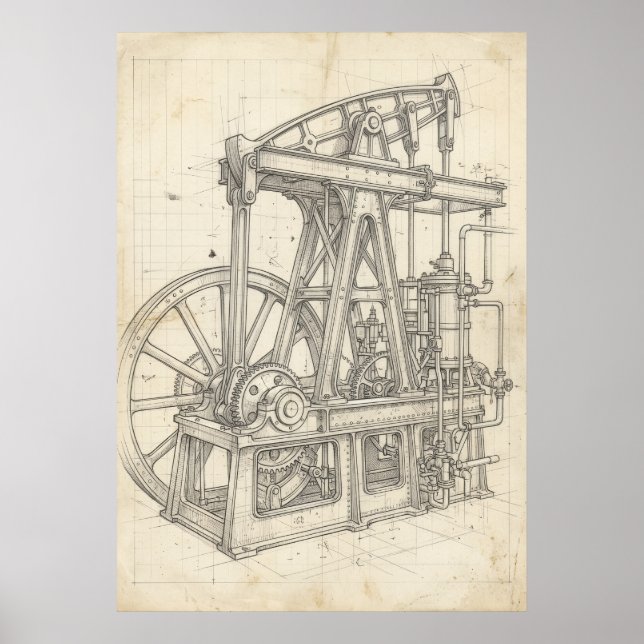 Vintage Steam Engine Blueprint Art Poster (Front)