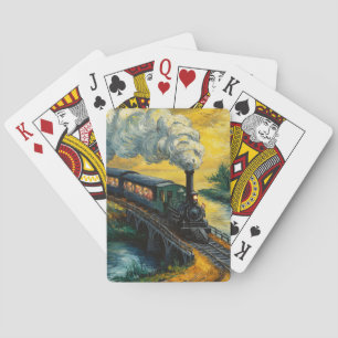 Vintage Steam Engine crossing Bridge painting Playing Cards