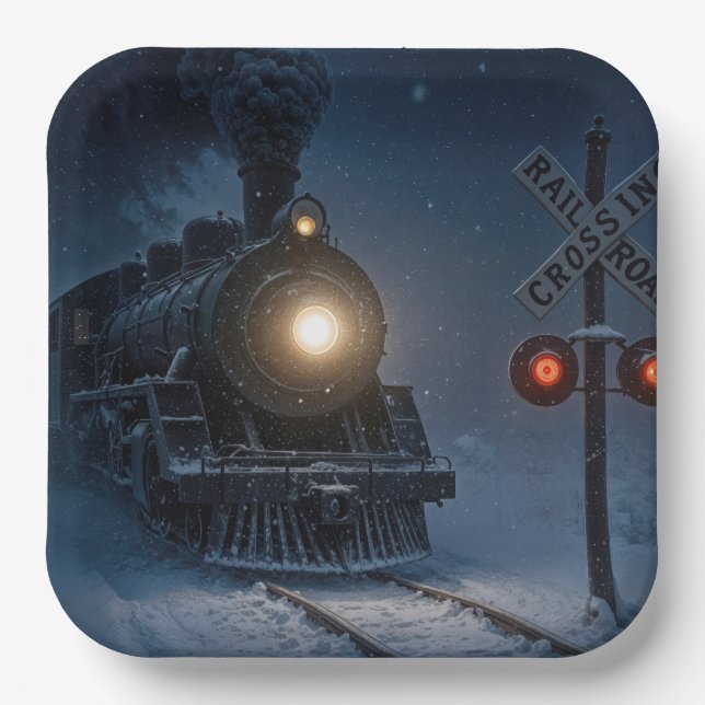 Vintage Steam Engine Locomotive In Winter Paper Plate (Front)