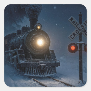 Vintage Steam Engine Locomotive In Winter Square Sticker