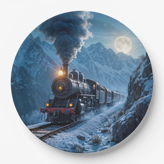 Vintage Steam Locomotive In Moonlight Paper Plate (Front)