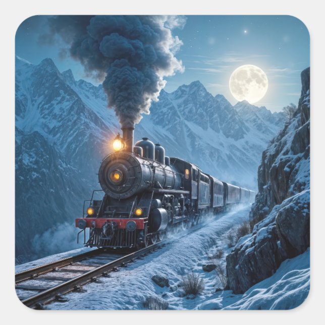 Vintage Steam Locomotive In Moonlight Square Sticker (Front)