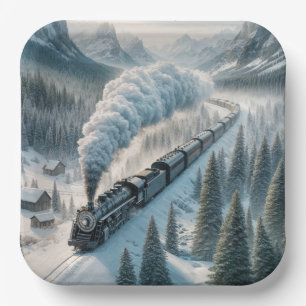Vintage Steam Locomotive In Snowy Valley Paper Plate