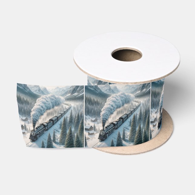 Vintage Steam Locomotive In Snowy Valley Satin Ribbon (Spool)