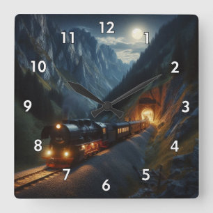 Vintage Steam Locomotive in the Mountains at Night Square Wall Clock