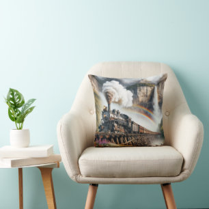 Vintage Steam Locomotive On a Train Trestle Throw Pillow