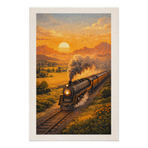 Vintage Steam Locomotive Sunset Retro Travel Poster