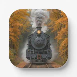 Vintage Steam Locomotive Train In Autumn Woods Paper Plate