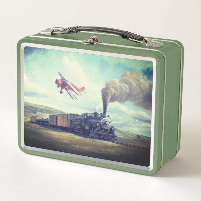 Vintage Steam Train & Airplane  Metal Lunch Box (Front)
