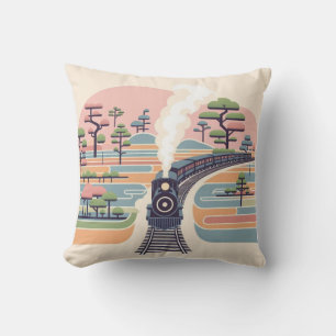 Vintage Steam Train in a Dreamy Pastel Forest - Mi Throw Pillow