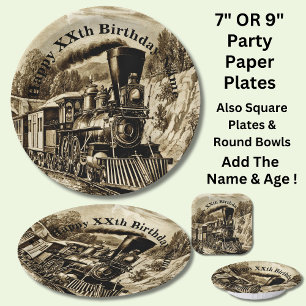 Vintage Steam Train Man's Birthday Party Paper Pla Plate