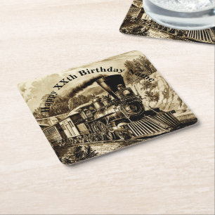 Vintage Steam Train Man's Birthday Party Square Paper Coaster